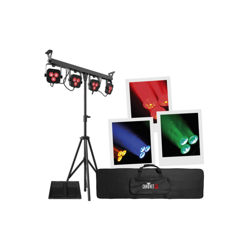 4 PROJECTEURS RGBA QUAD COLOR SUR BARRE + PIED CHAUVET + TELECOMMANDE