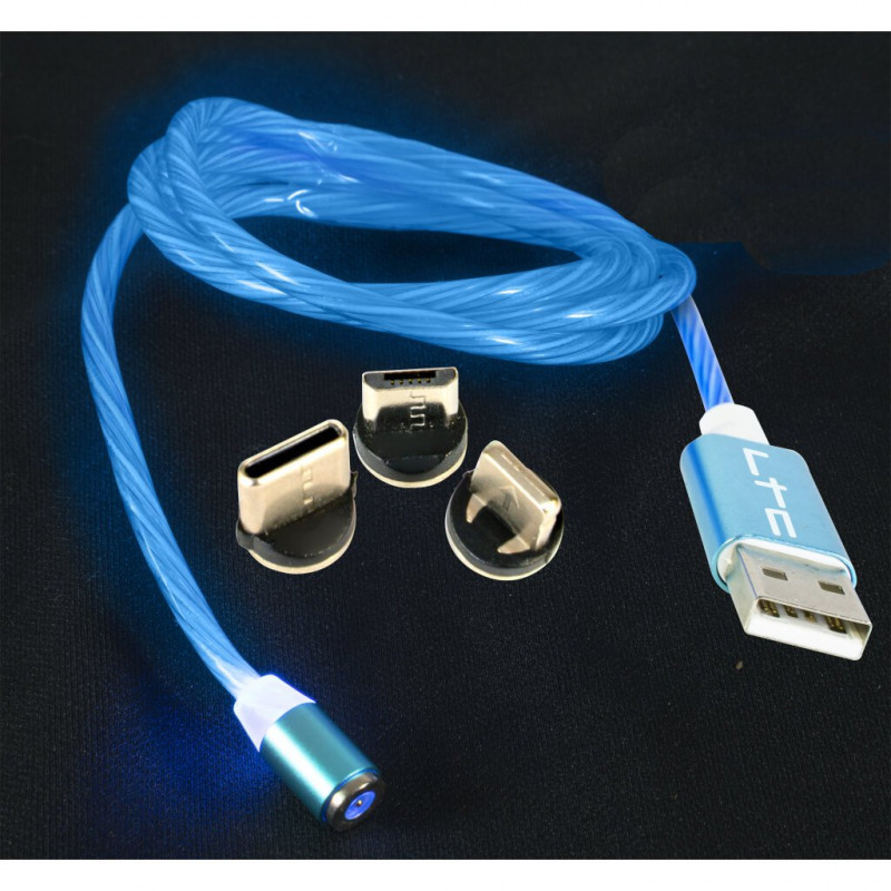 CABLE MAGNETIQUE LUMINEUX DE CHARGE TELEPHONE 1M BLEU LTC