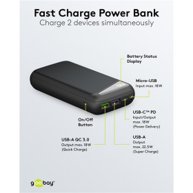BATTERIE PORTABLE POWERBANK 20 000mAh GOOBAY