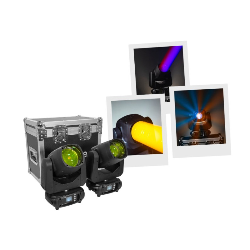 SET DE 2 LYRES BEAM 100W 3° FOCUS MOTORISE + FLIGHT CASE EVOLITE
