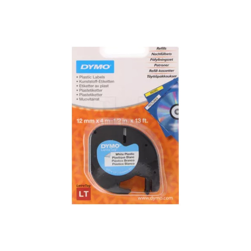 RUBAN DYMO 12MM 4M BLANC CARACTERE NOIRE POUR LETRA TAG