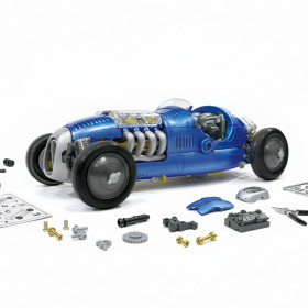 Voiture de course rétro bleue à assembler avec moteur V8 transparent
